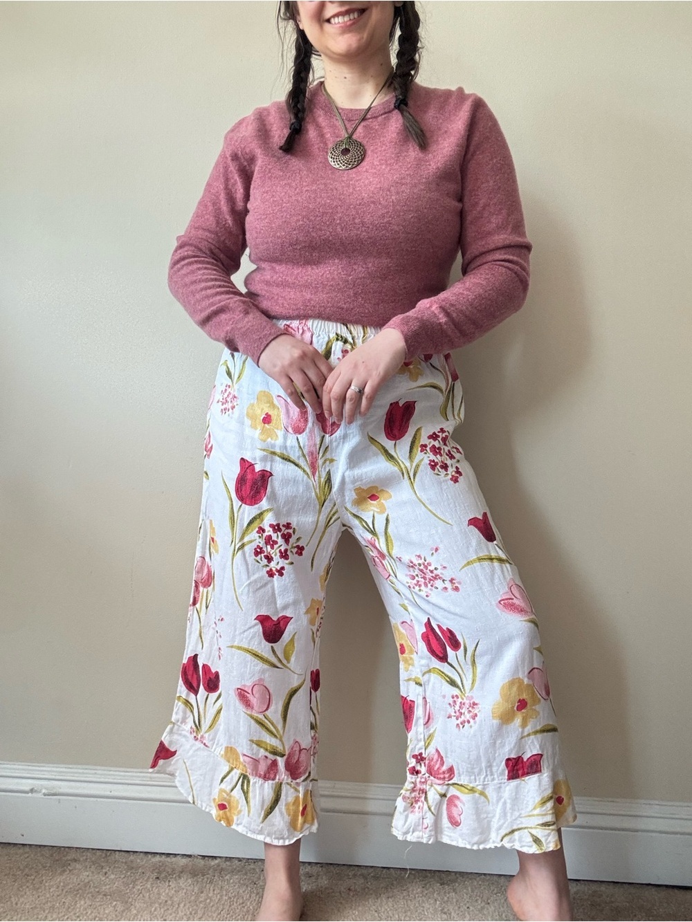 Vintage Habitat Floral White Wide-Leg Linen Pants with Pink & Yellow Tulips